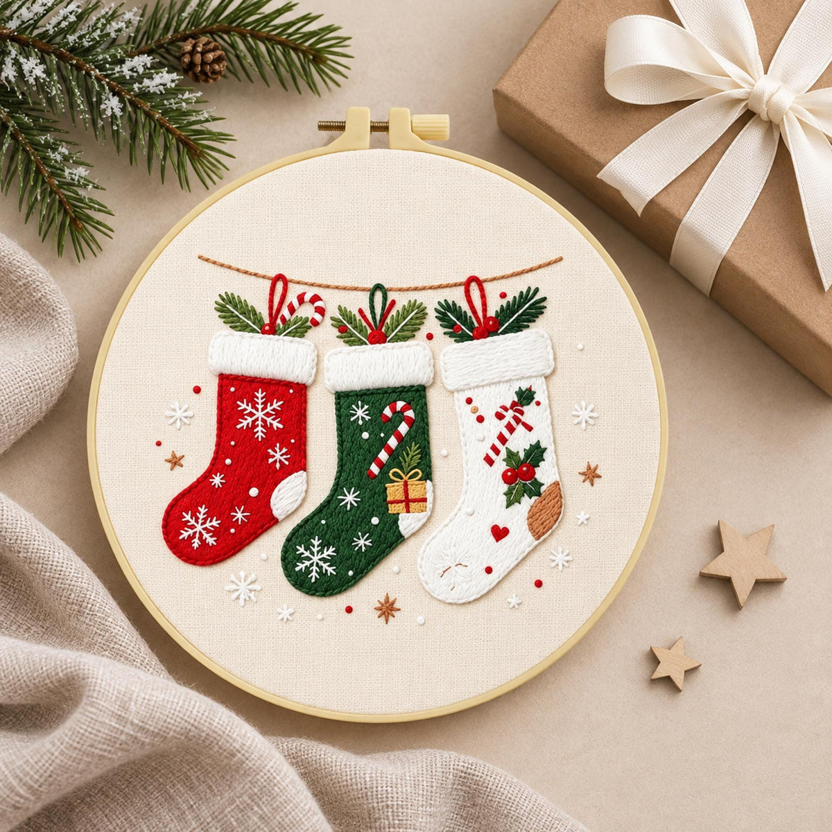 Christmas Embroidery Kit for Adults, Beginner Holiday Needlework Set, 20cm Stocking Hoop Art, DIY Christmas Gift