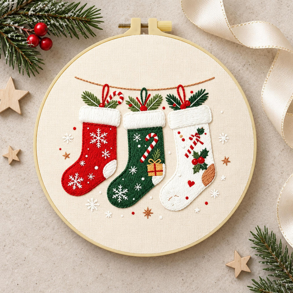 Christmas Embroidery Kit for Adults, Beginner Holiday Needlework Set, 20cm Stocking Hoop Art, DIY Christmas Gift