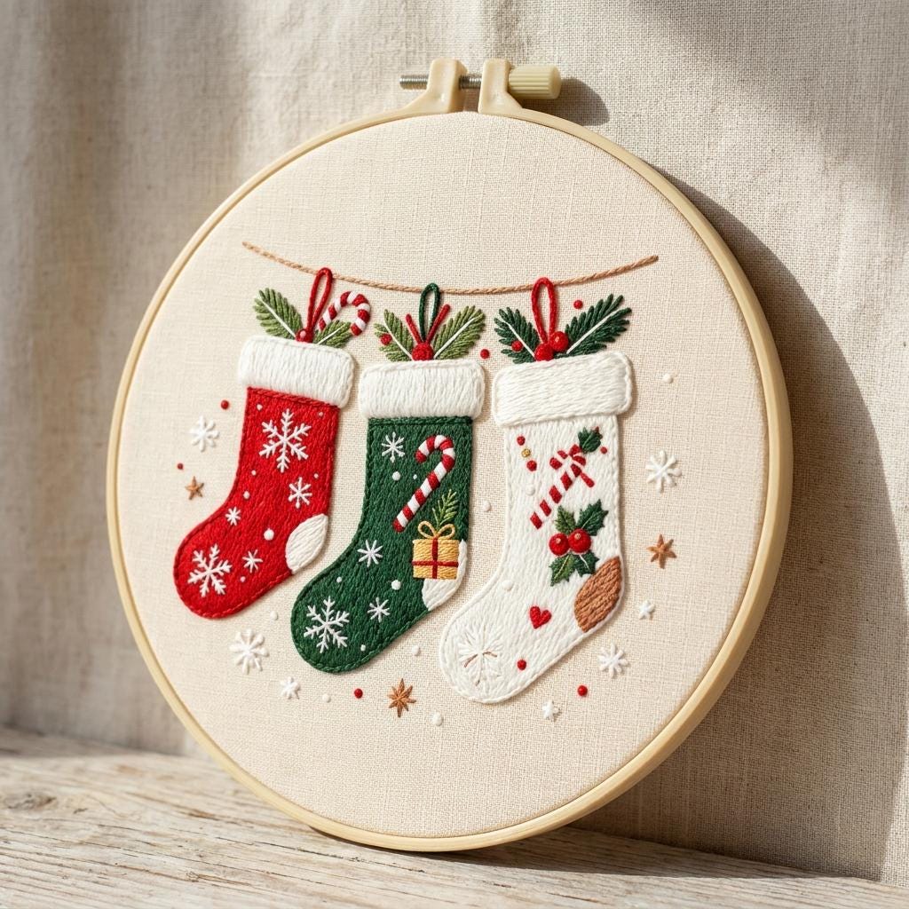 Christmas Embroidery Kit for Adults, Beginner Holiday Needlework Set, 20cm Stocking Hoop Art, DIY Christmas Gift