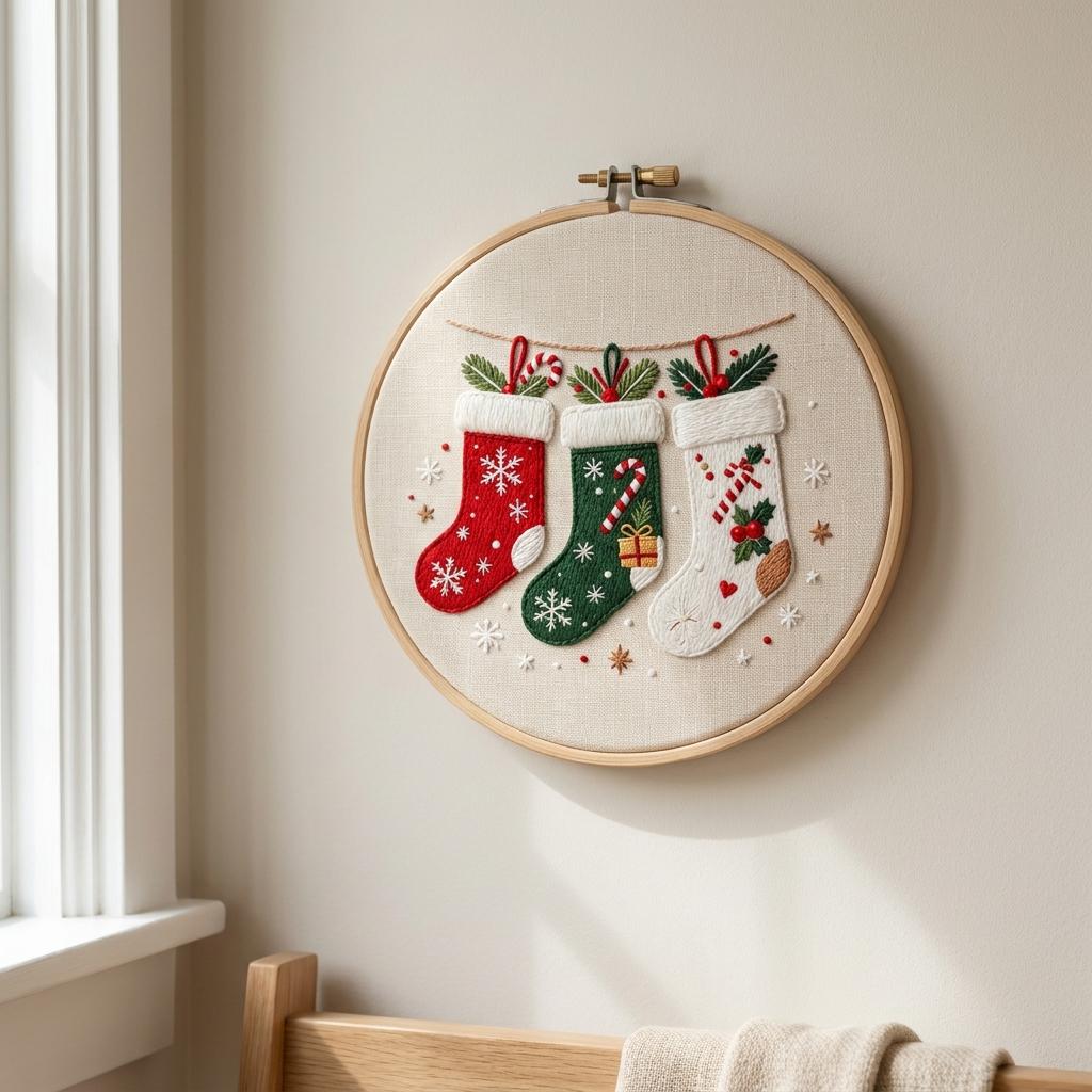 Christmas Embroidery Kit for Adults, Beginner Holiday Needlework Set, 20cm Stocking Hoop Art, DIY Christmas Gift