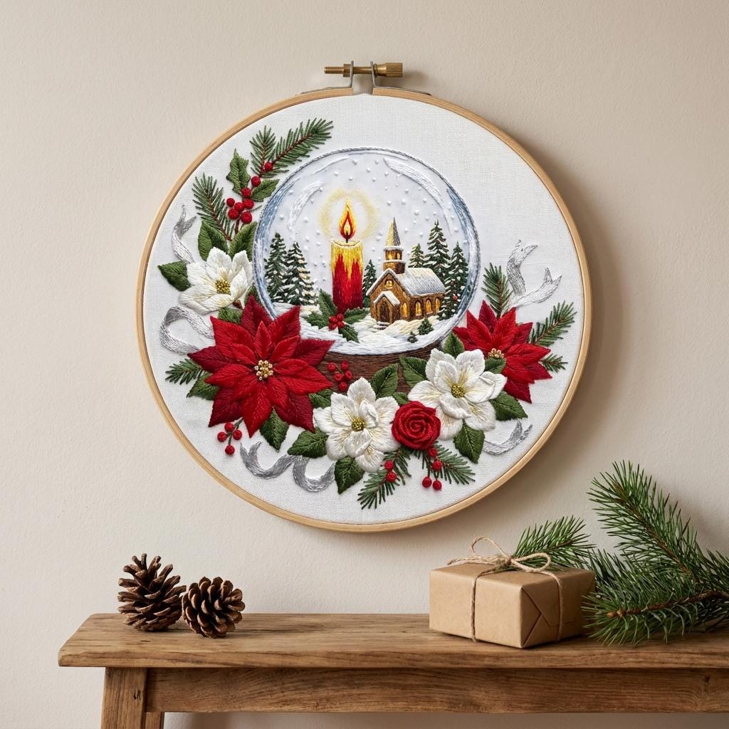 Christmas Snow Globe Embroidery Kit, 20cm Hoop, Floral Design (DIY Craft)