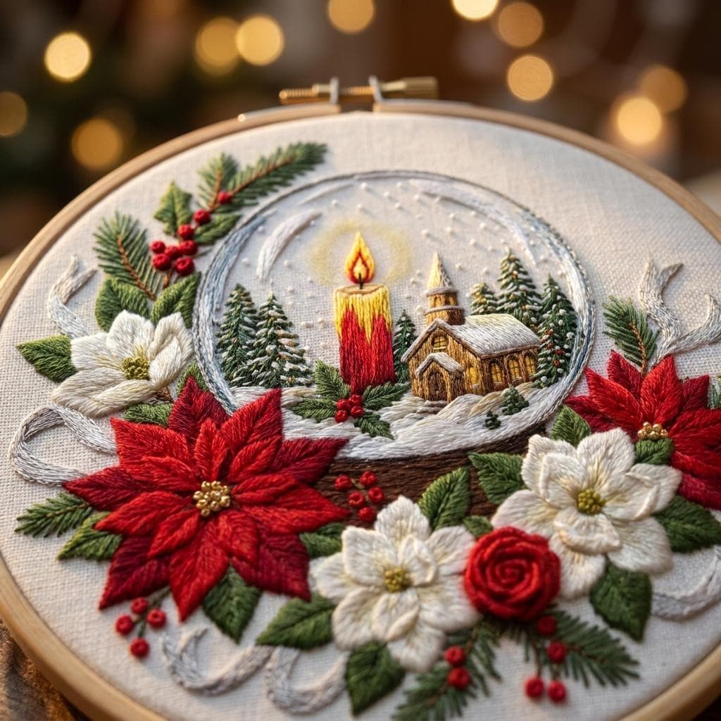 Christmas Snow Globe Embroidery Kit, 20cm Hoop, Floral Design (DIY Craft)