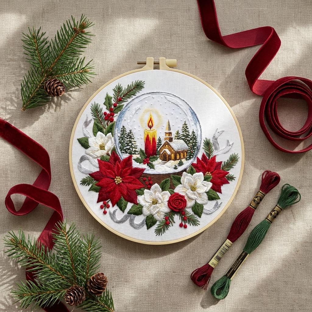 Christmas Snow Globe Embroidery Kit, 20cm Hoop, Floral Design (DIY Craft)