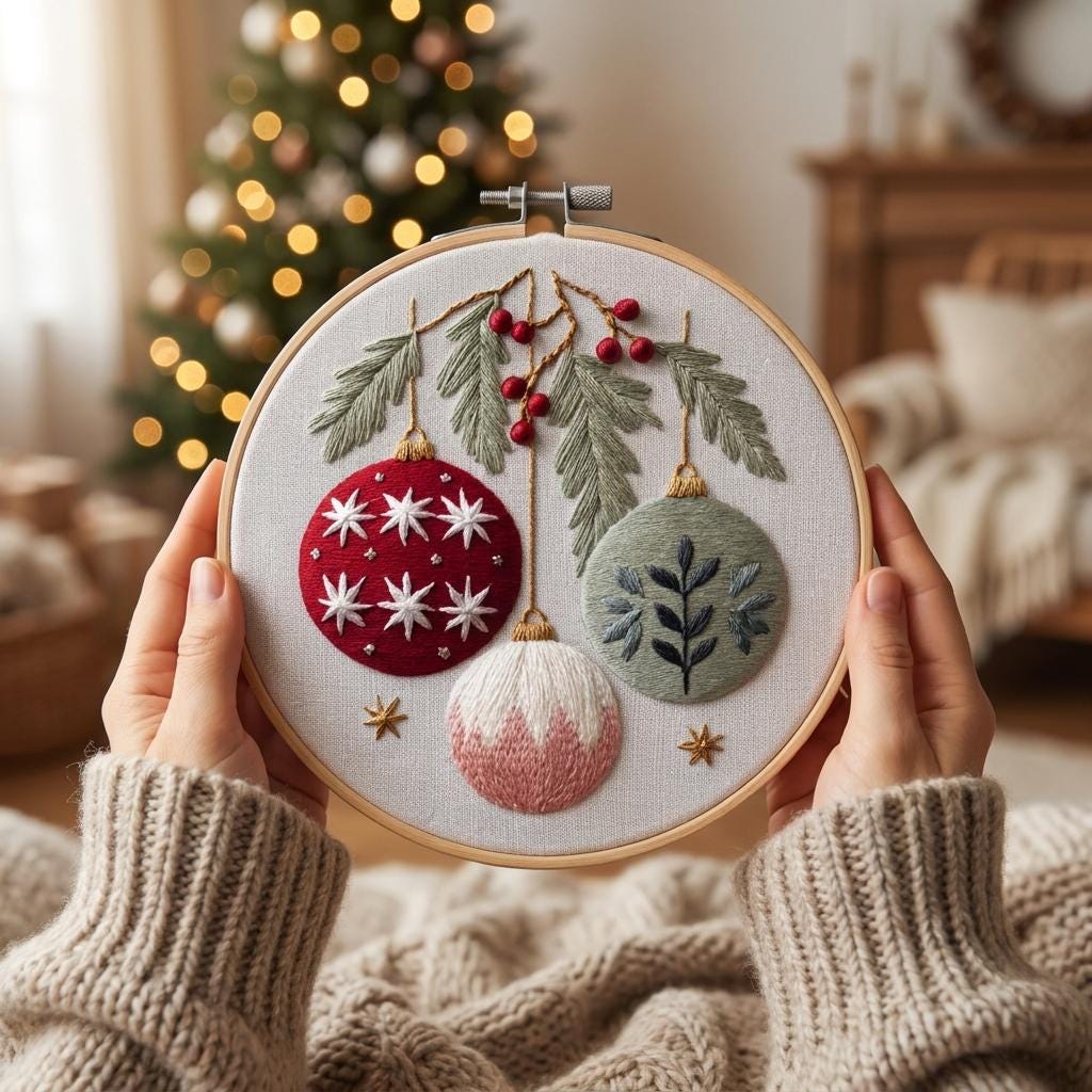Christmas Ornament Embroidery Kit for Adults, Beginner Holiday Needlework Set, 20cm DIY Hoop Art, Festive Craft Gift