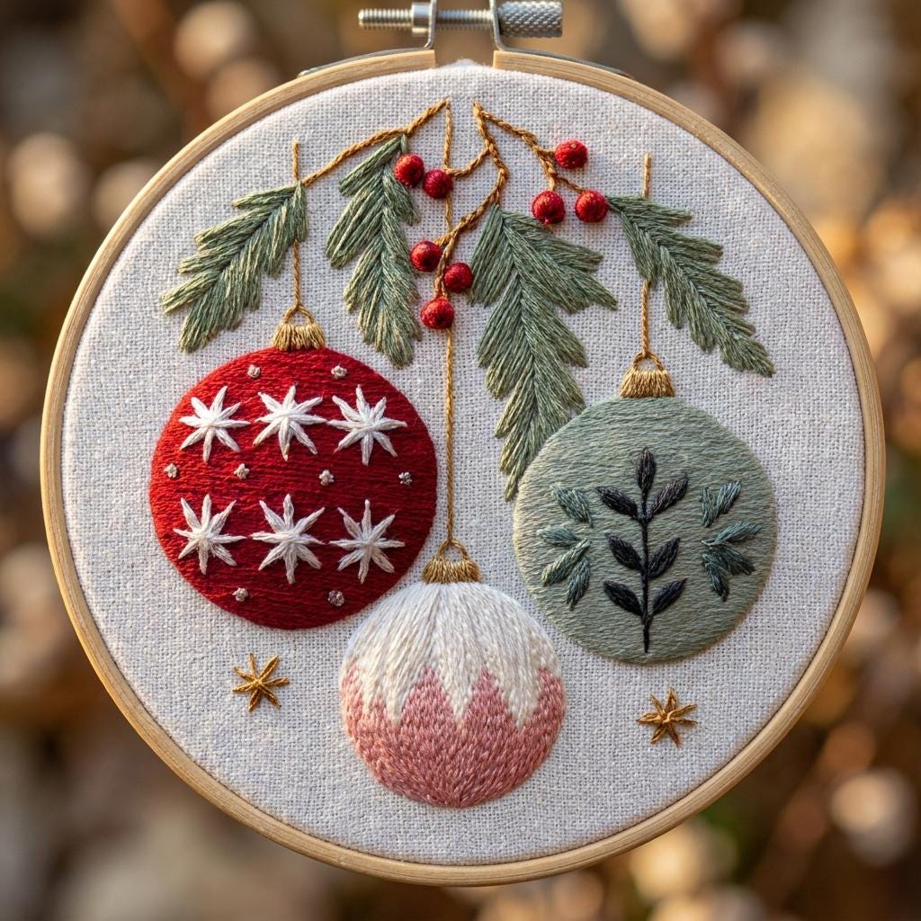Christmas Ornament Embroidery Kit for Adults, Beginner Holiday Needlework Set, 20cm DIY Hoop Art, Festive Craft Gift