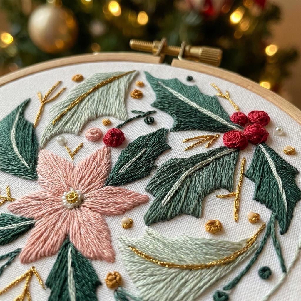 Christmas Embroidery Kit for Adults, Botanical Ornament Needlework Set, 20cm Beginner Holiday Craft, DIY Gift