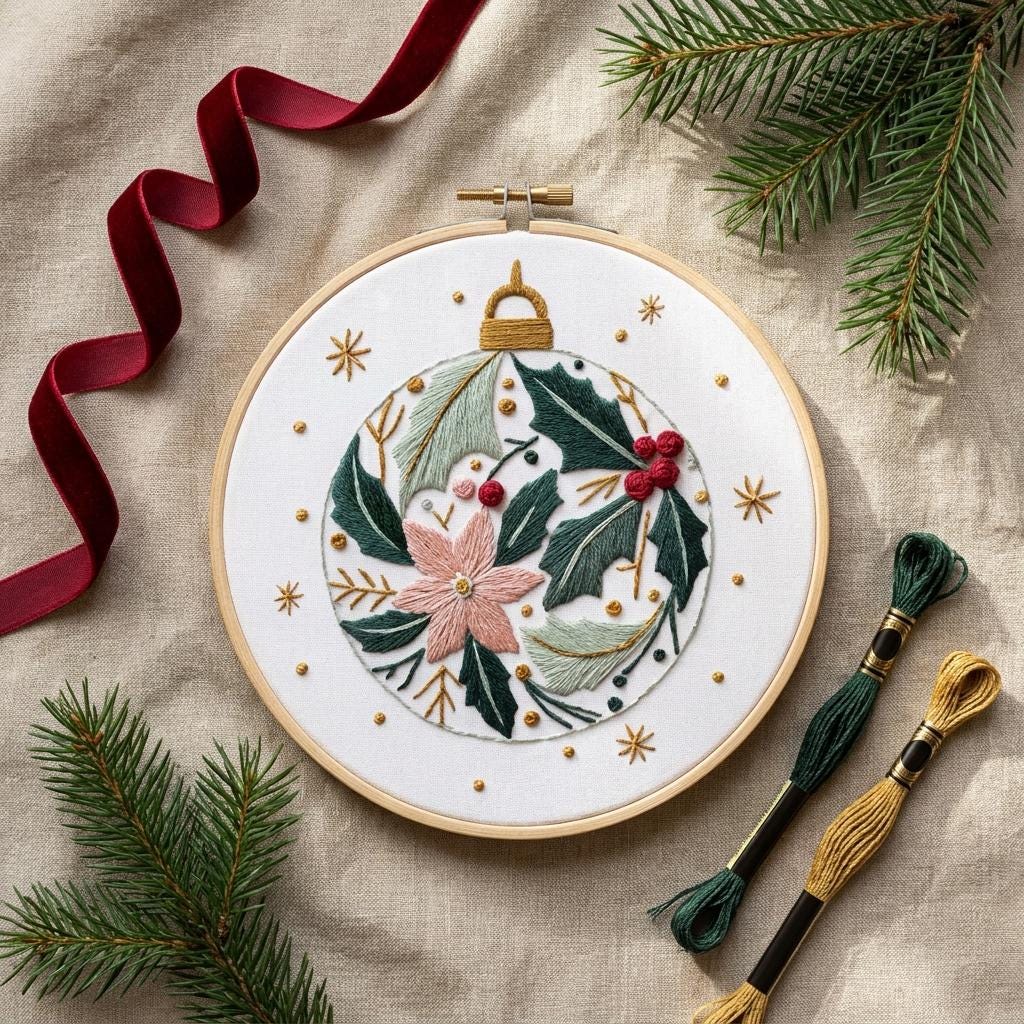 Christmas Embroidery Kit for Adults, Botanical Ornament Needlework Set, 20cm Beginner Holiday Craft, DIY Gift