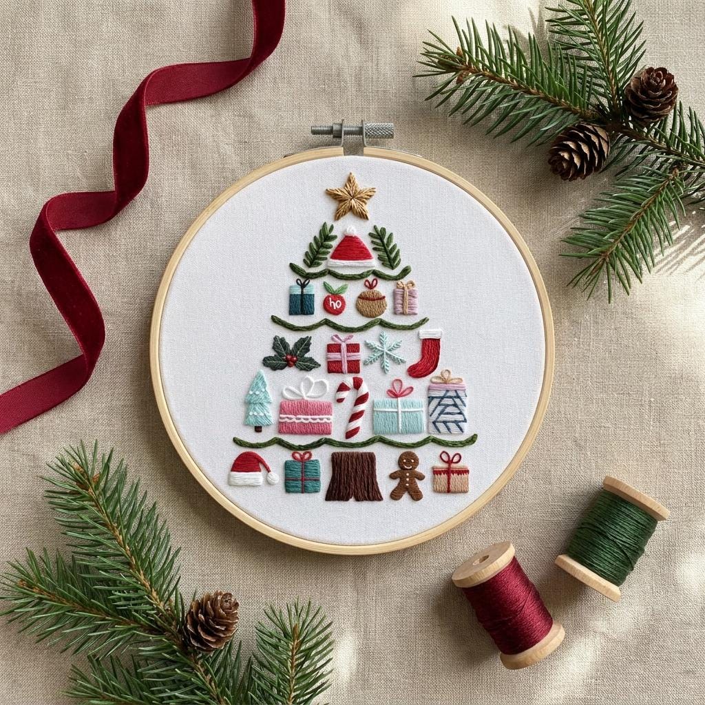 Christmas Tree Embroidery Kit, Holiday Motif Needlework Set (20cm Hoop)