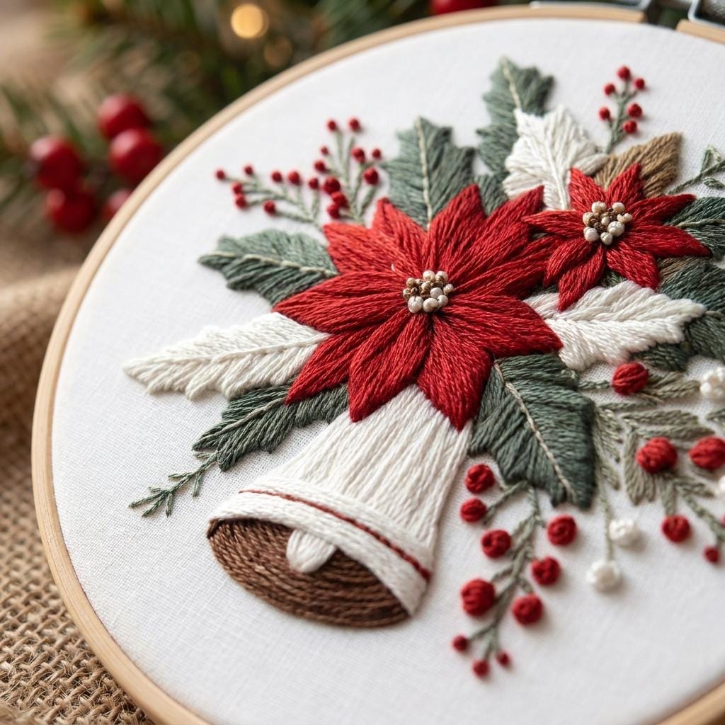 Christmas Bell Embroidery Kit, Poinsettia Hoop Art, Beginner DIY Needlework (20cm)