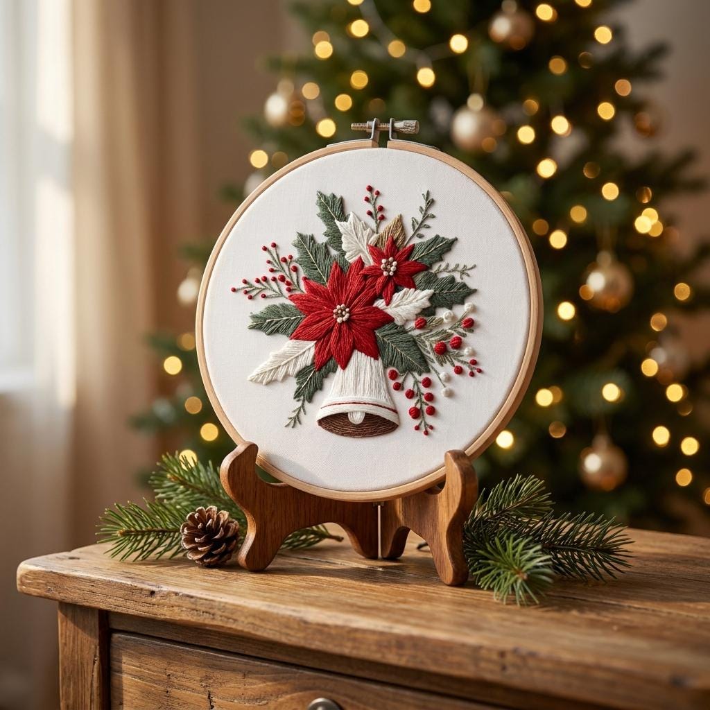 Christmas Bell Embroidery Kit, Poinsettia Hoop Art, Beginner DIY Needlework (20cm)