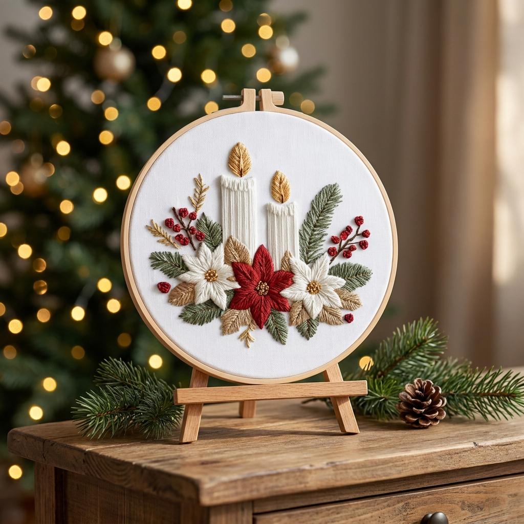 Christmas Candle Embroidery Kit for Adults, 20cm Beginner DIY Needlework Set, Poinsettia Holiday Craft Gift