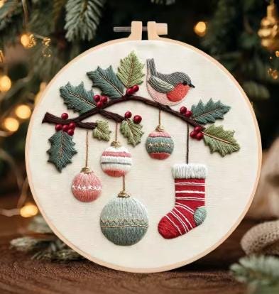 Winter Bird Christmas Embroidery Kit for Adults, 20cm Beginner DIY Needlework Set, Holiday Ornament Craft Gift