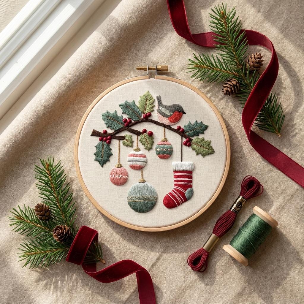 Winter Bird Christmas Embroidery Kit for Adults, 20cm Beginner DIY Needlework Set, Holiday Ornament Craft Gift