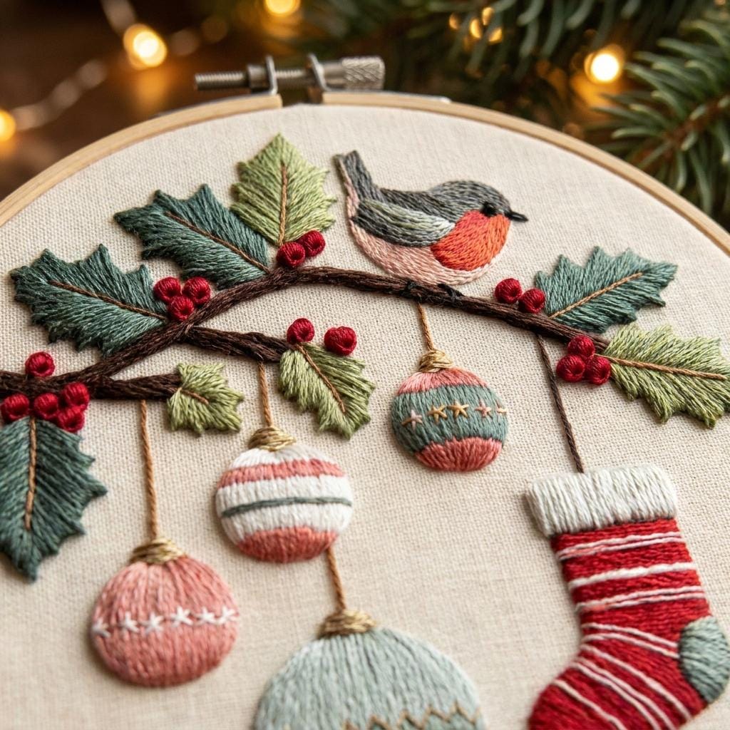 Winter Bird Christmas Embroidery Kit for Adults, 20cm Beginner DIY Needlework Set, Holiday Ornament Craft Gift