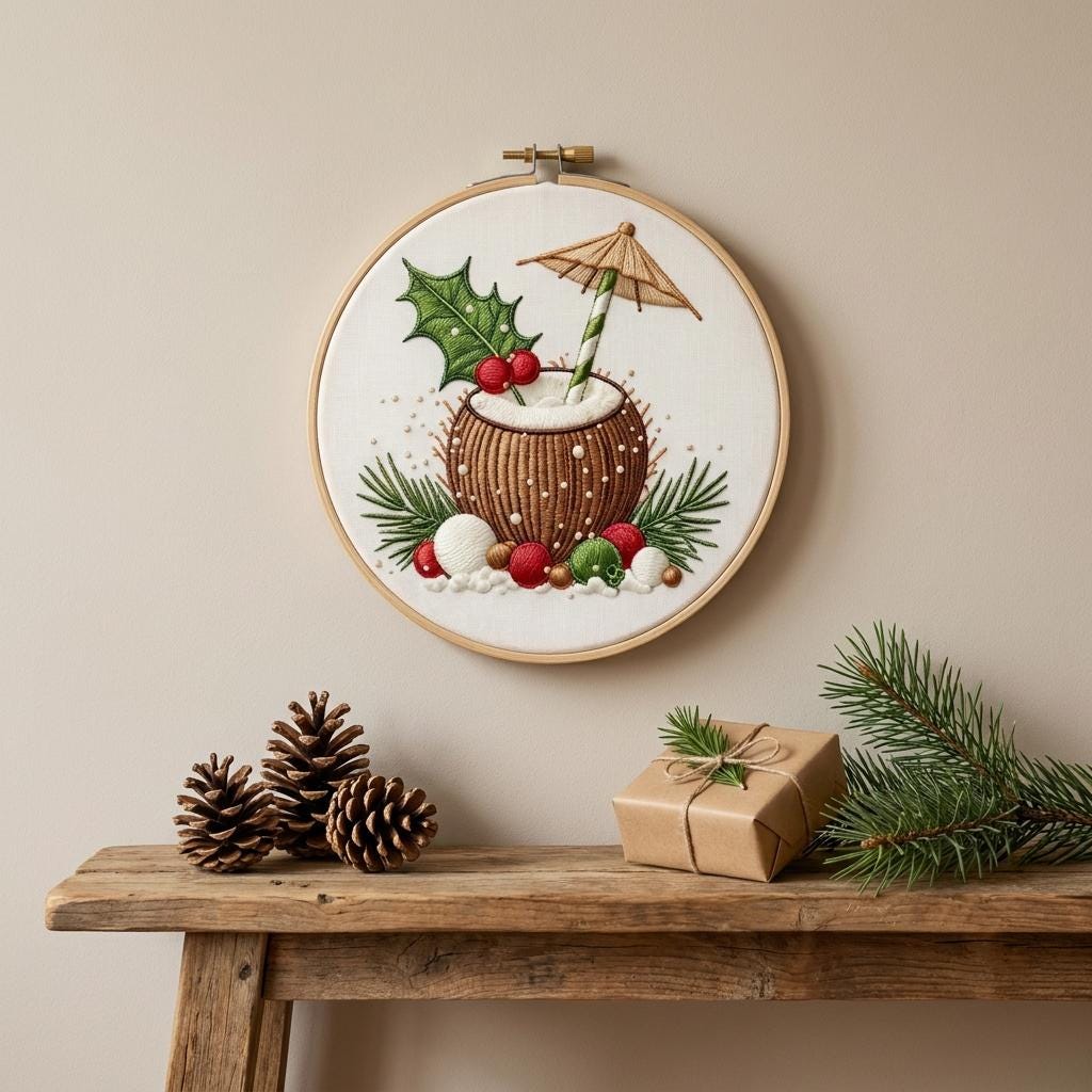 Tropical Christmas Embroidery Kit, Coconut Drink Design, Beginner DIY Craft (20cm Hoop)