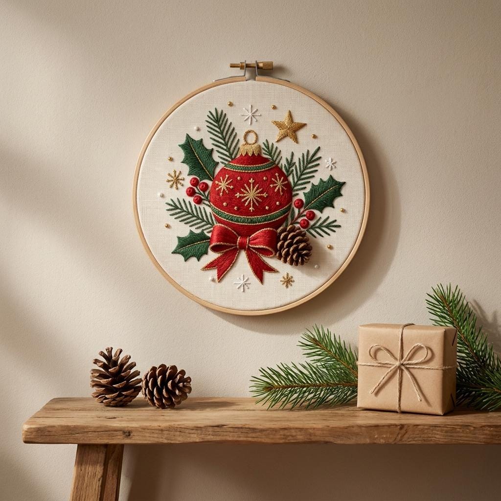 Christmas Ornament Embroidery Kit, 20cm Hoop Art, Beginner DIY Needlework (Stamped Fabric)