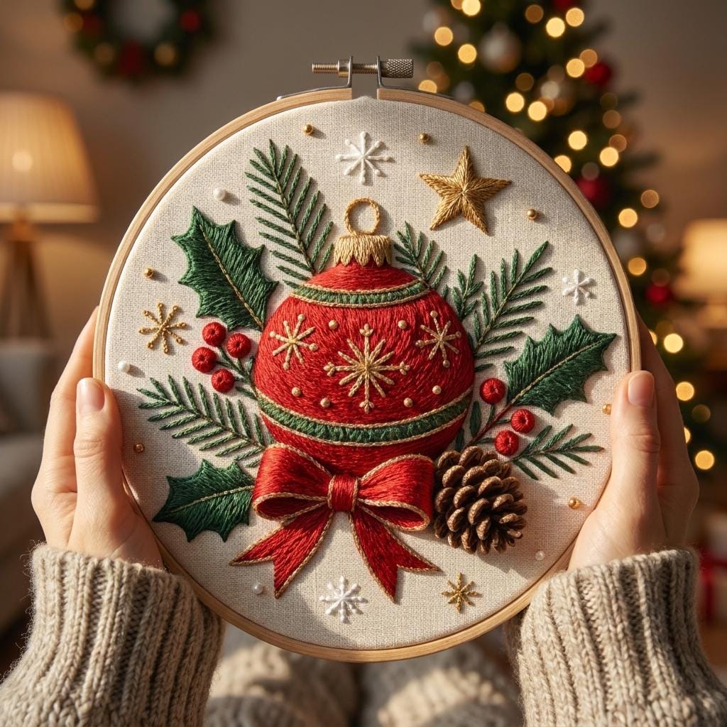 Christmas Ornament Embroidery Kit, 20cm Hoop Art, Beginner DIY Needlework (Stamped Fabric)