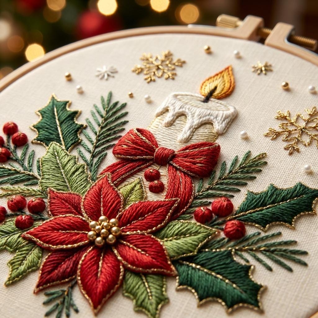 Christmas Candle Embroidery Kit for Adults, Poinsettia Needlework Set, 20cm Beginner DIY Holiday Craft Gift