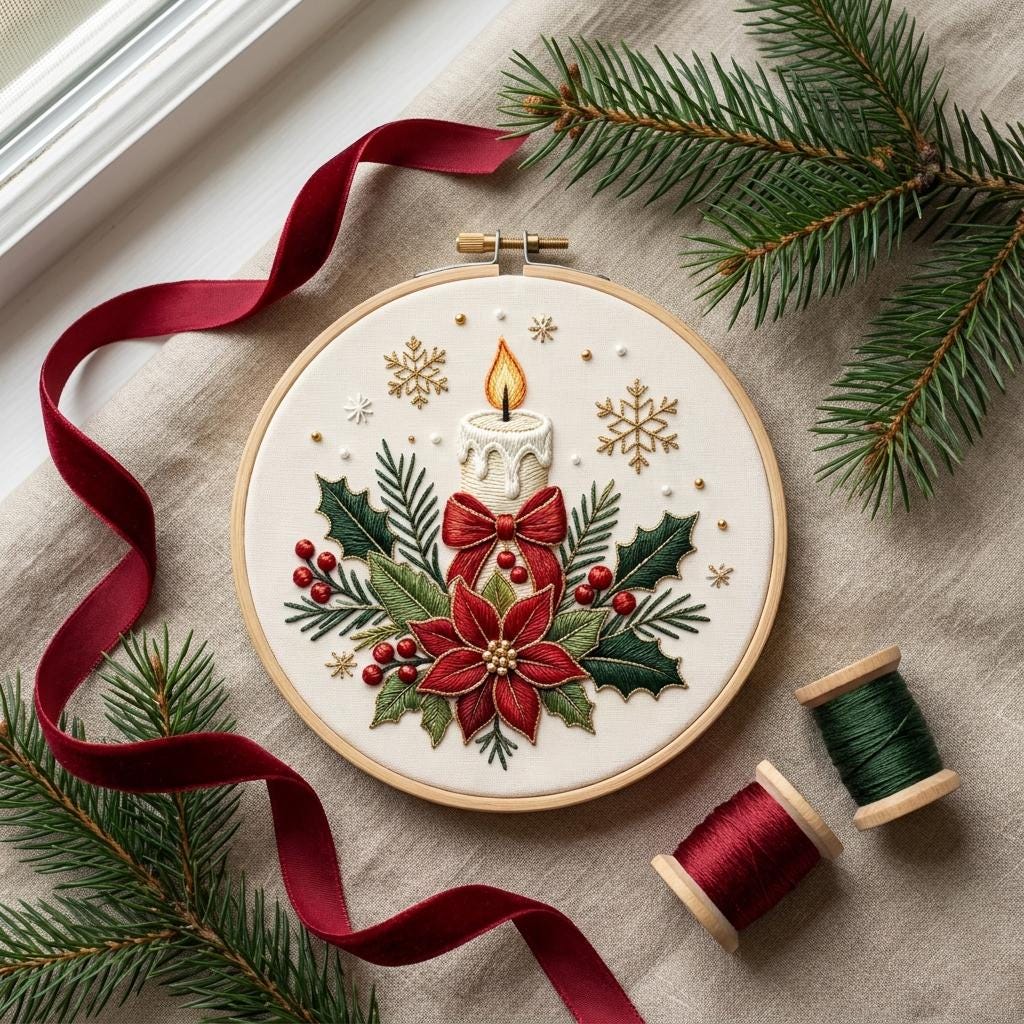 Christmas Candle Embroidery Kit for Adults, Poinsettia Needlework Set, 20cm Beginner DIY Holiday Craft Gift