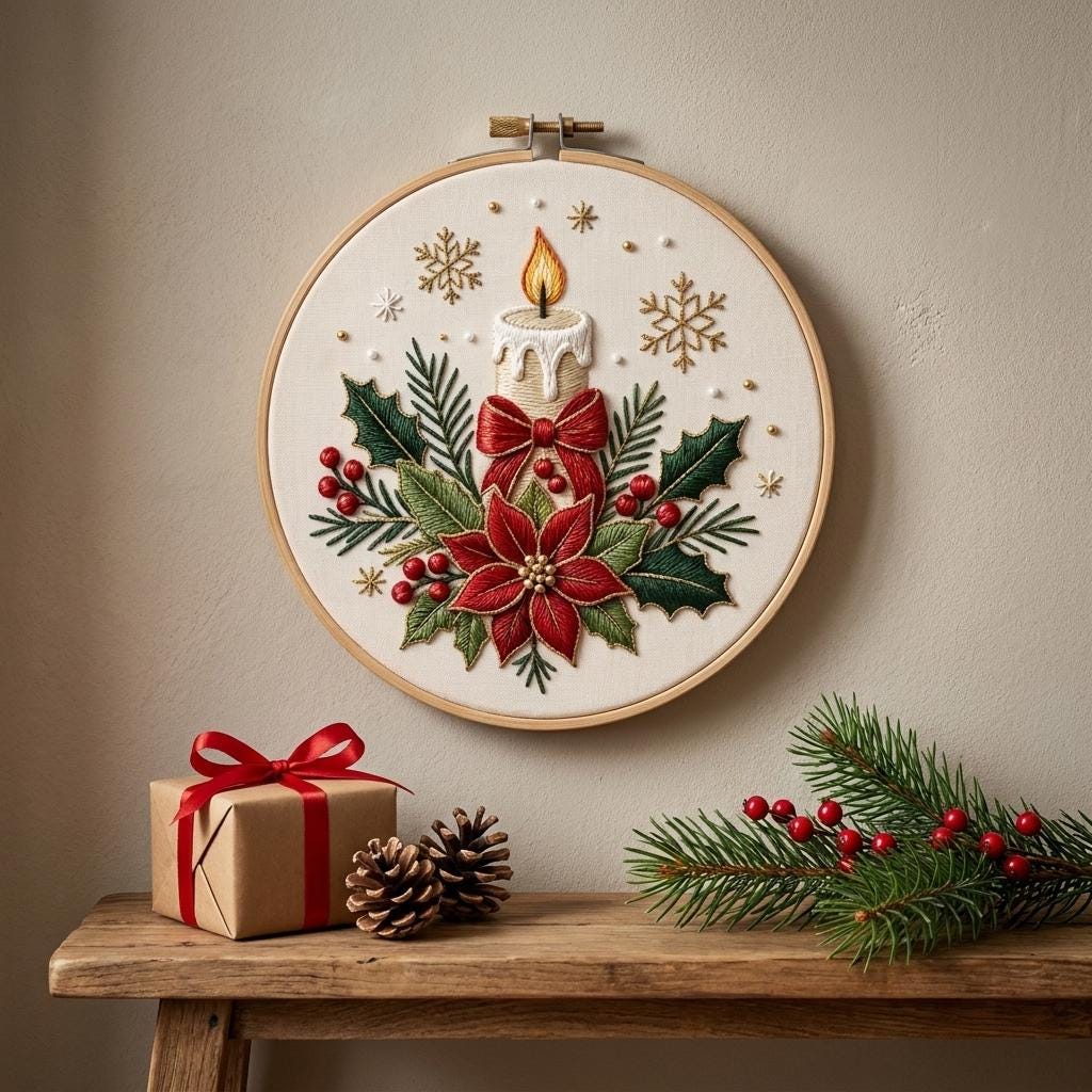 Christmas Candle Embroidery Kit for Adults, Poinsettia Needlework Set, 20cm Beginner DIY Holiday Craft Gift