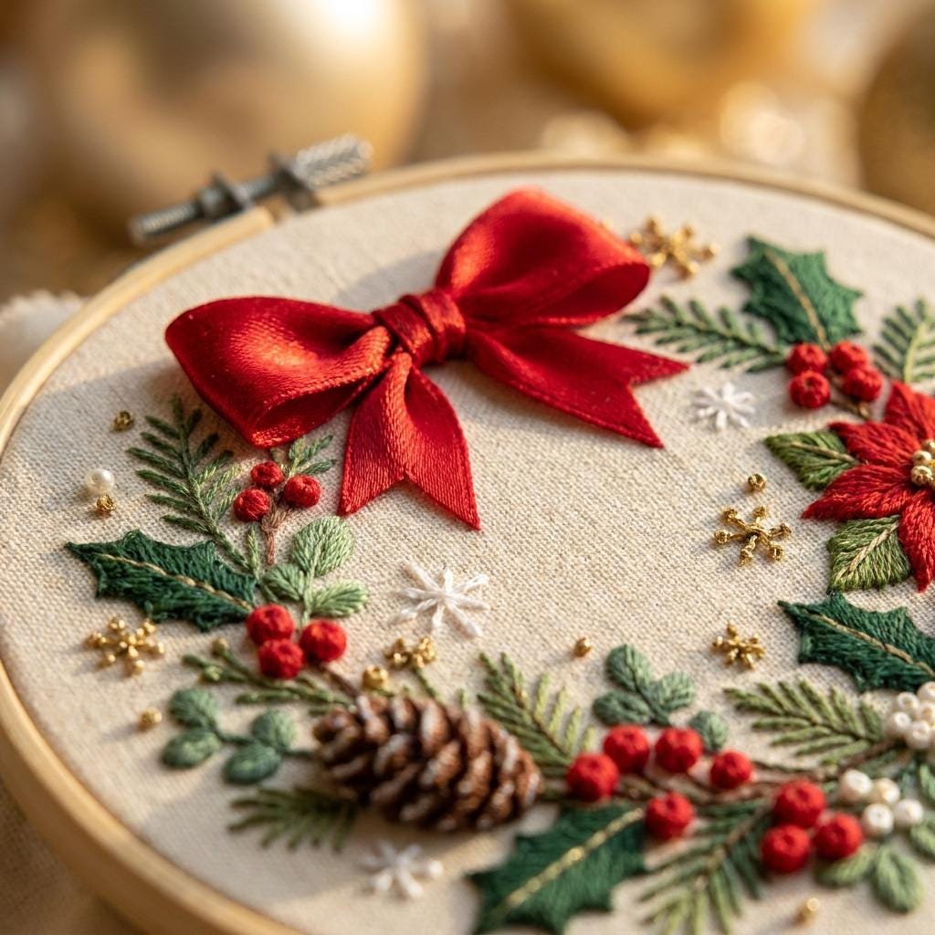 Christmas Wreath Embroidery Kit, 8-Inch Stamped Poinsettia Needlework Set for Beginners
