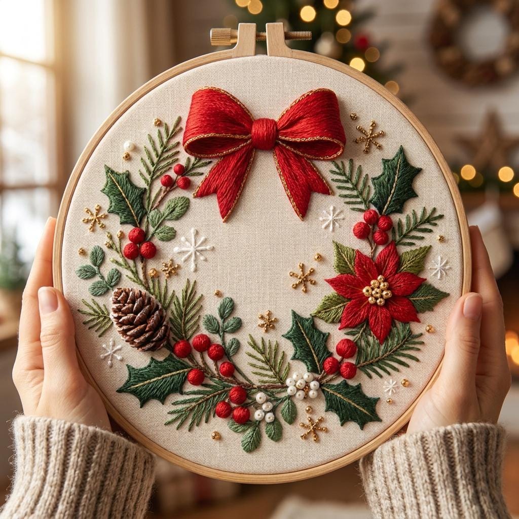 Christmas Wreath Embroidery Kit, 8-Inch Stamped Poinsettia Needlework Set for Beginners