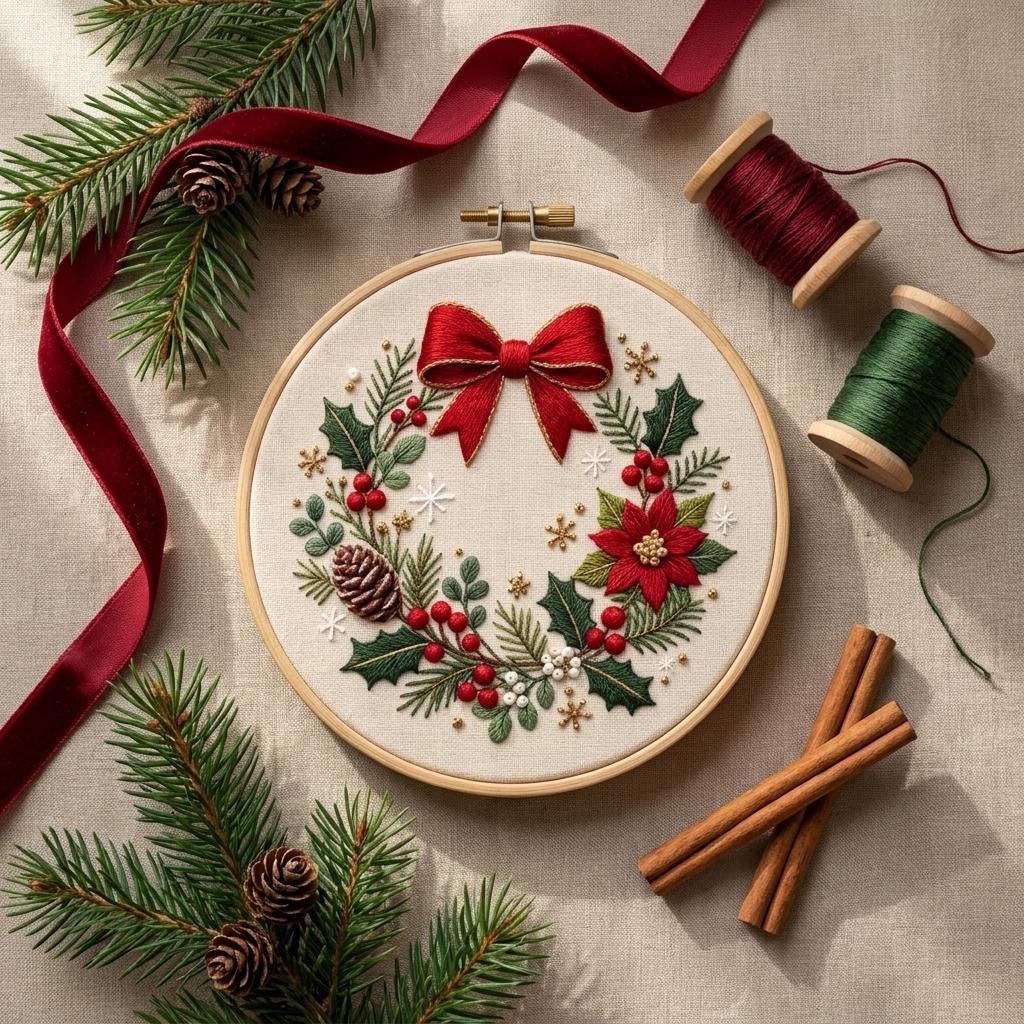 Christmas Wreath Embroidery Kit, 8-Inch Stamped Poinsettia Needlework Set for Beginners