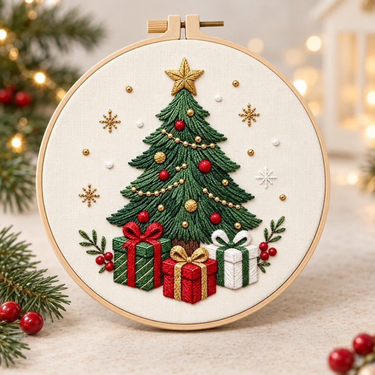 Christmas Tree Embroidery Kit, 8-Inch Stamped Holiday Needlework Set for Beginners