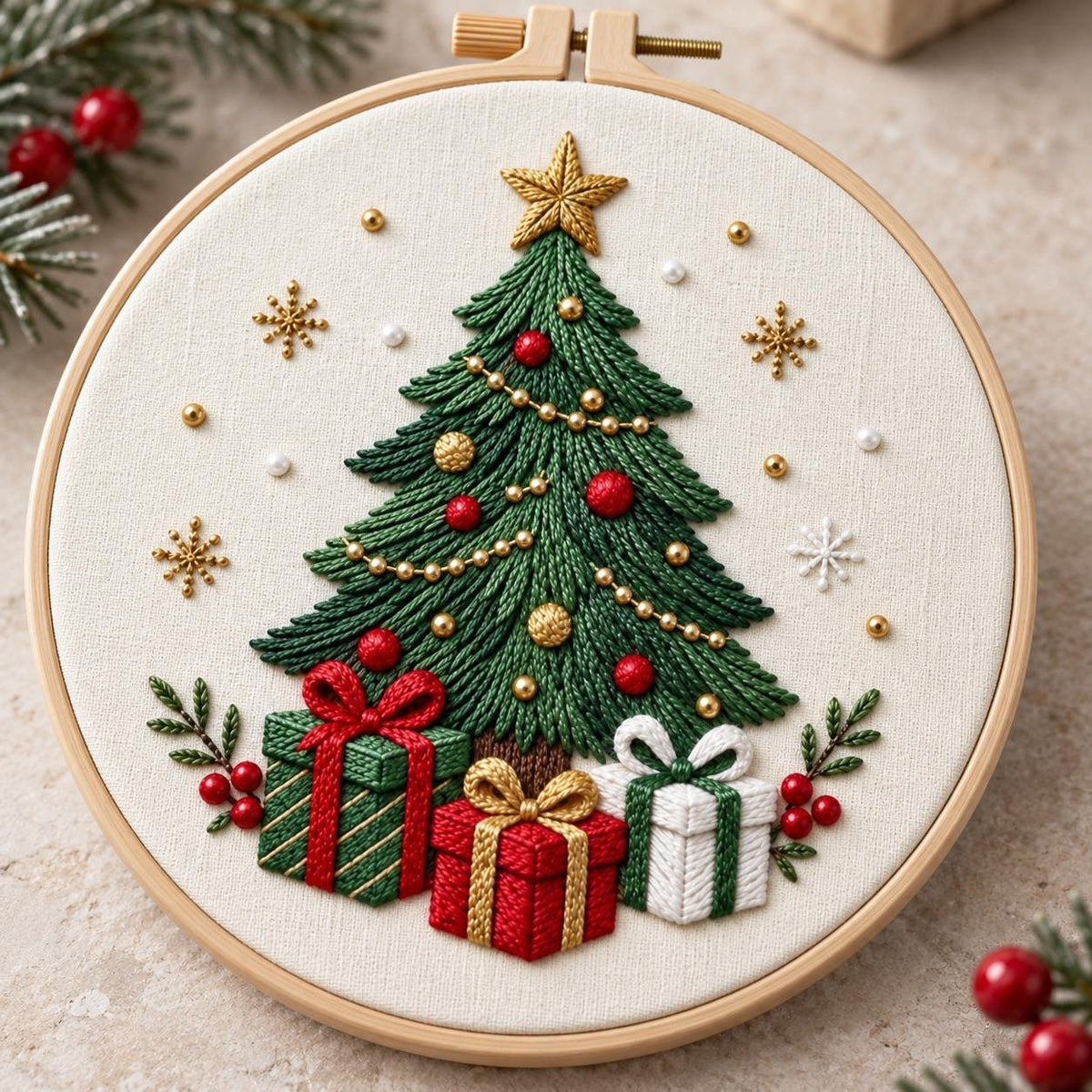 Christmas Tree Embroidery Kit, 8-Inch Stamped Holiday Needlework Set for Beginners