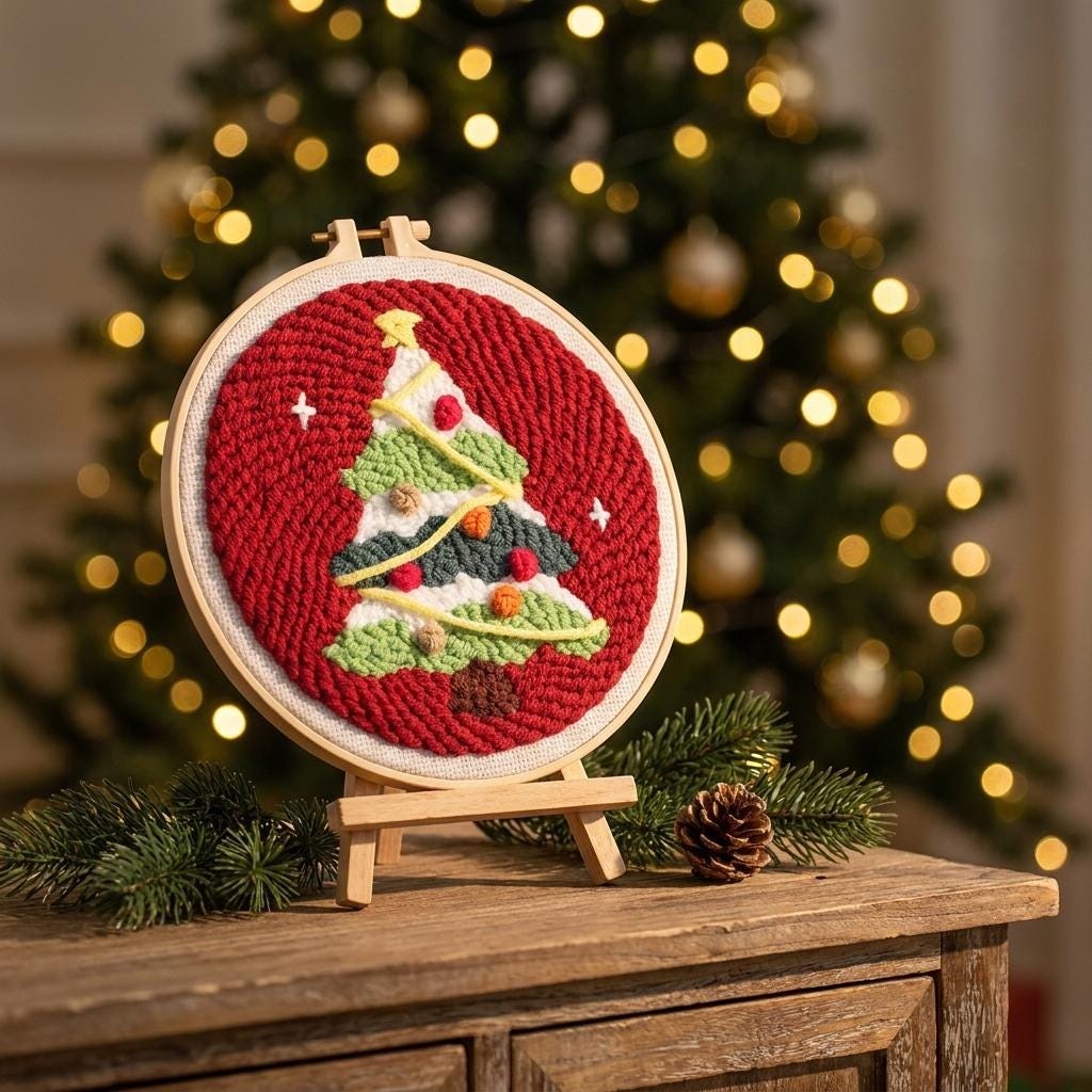 Christmas Tree Punch Needle Kit, 8-Inch Beginner Holiday Embroidery Set