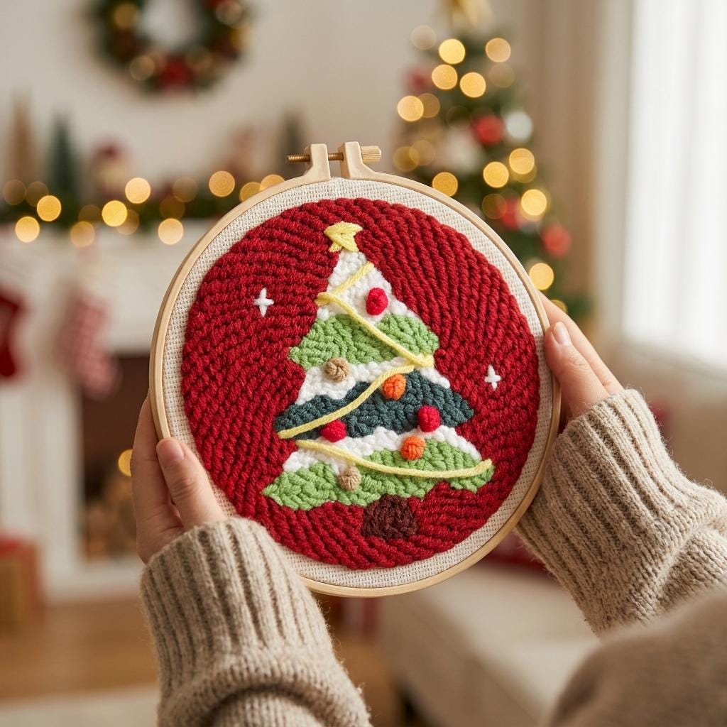 Christmas Tree Punch Needle Kit, 8-Inch Beginner Holiday Embroidery Set