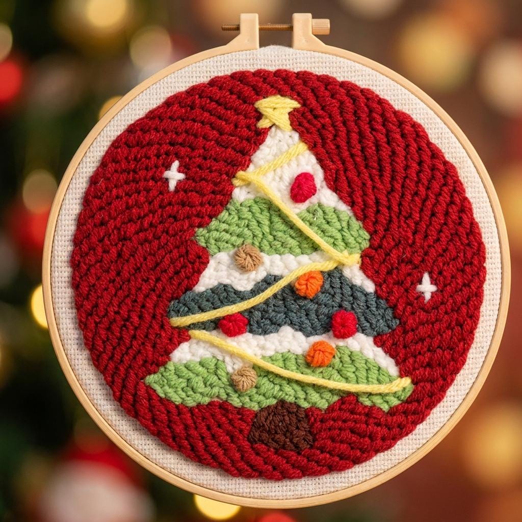 Christmas Tree Punch Needle Kit, 8-Inch Beginner Holiday Embroidery Set