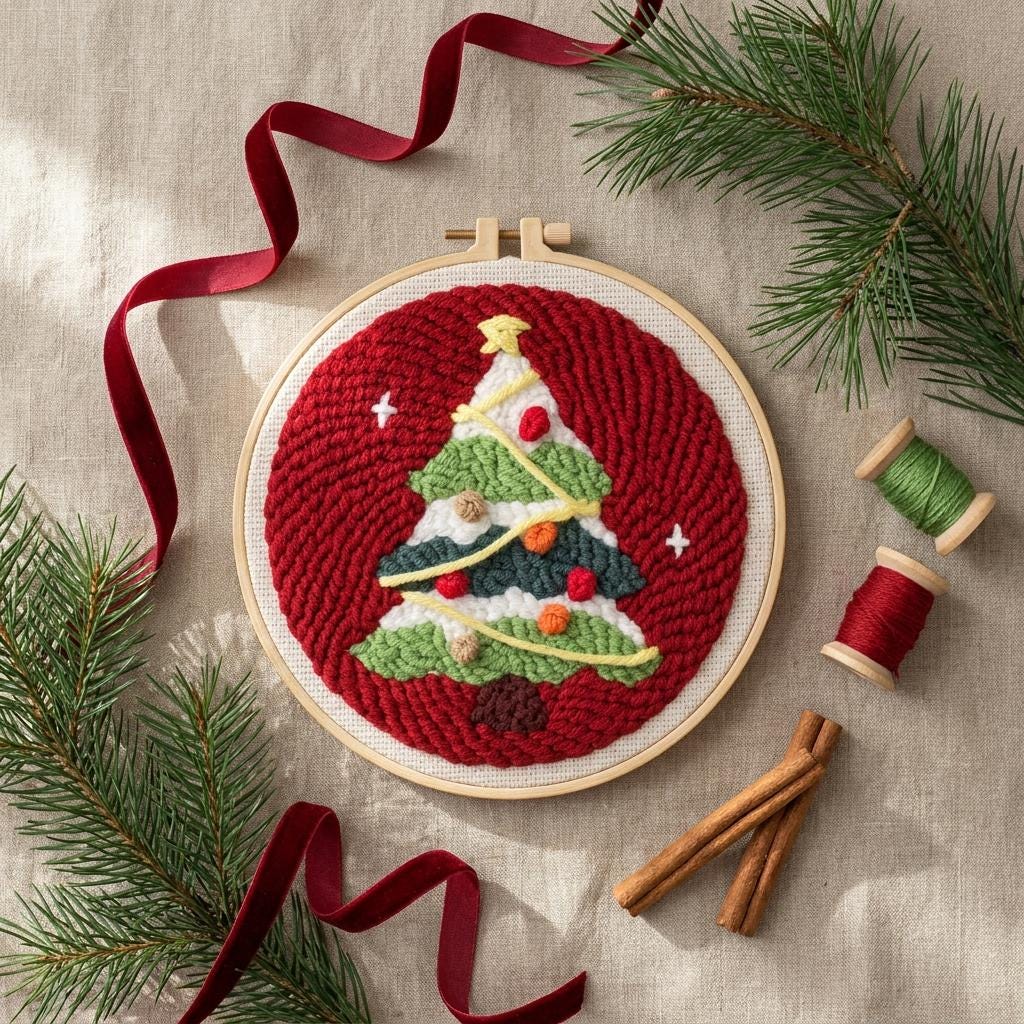 Christmas Tree Punch Needle Kit, 8-Inch Beginner Holiday Embroidery Set