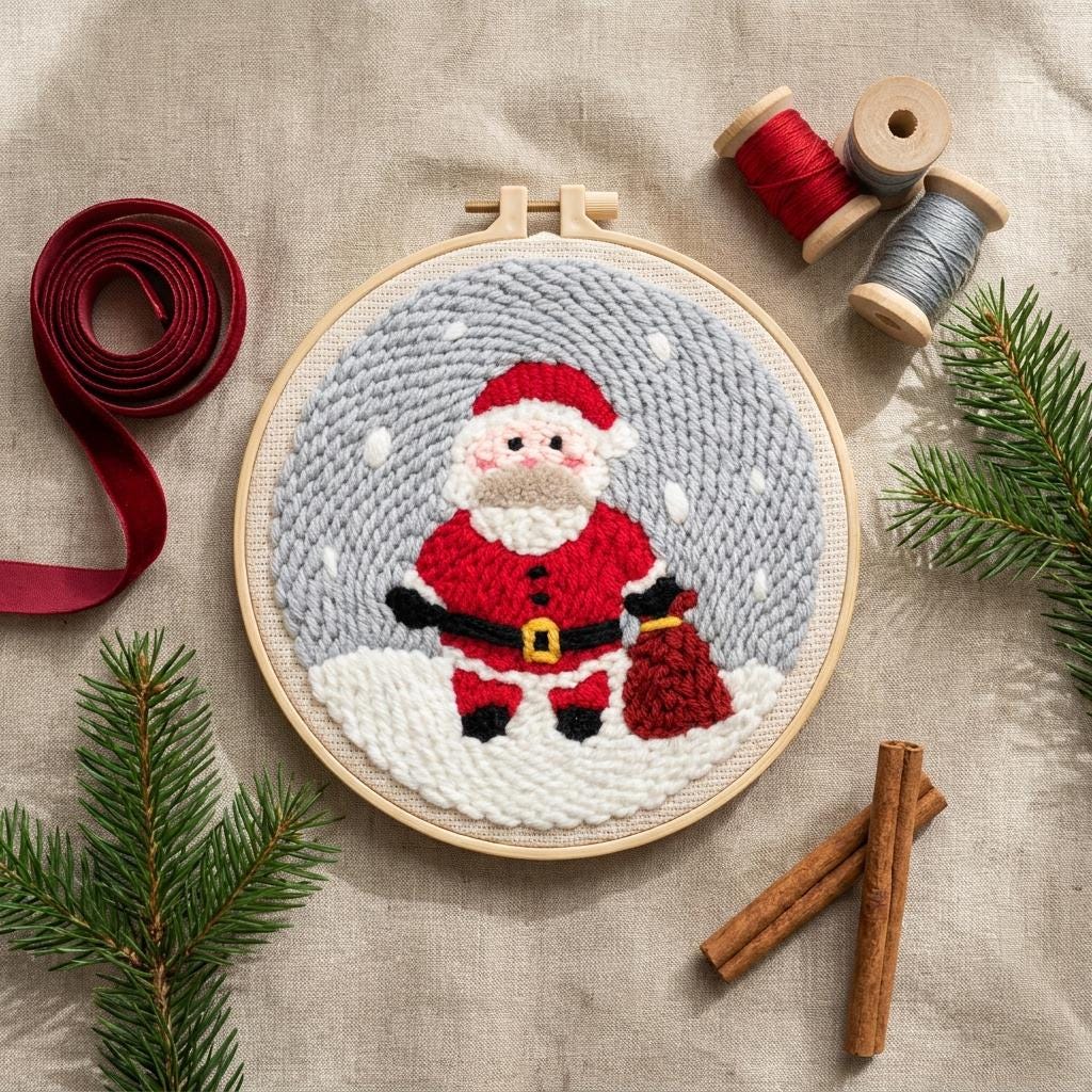 Santa Claus Punch Needle Kit, 8-Inch Beginner Christmas Embroidery Set