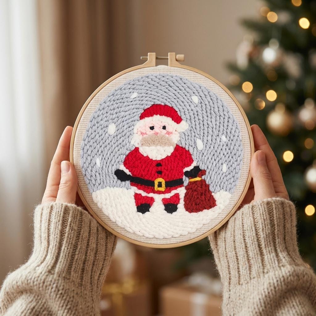 Santa Claus Punch Needle Kit, 8-Inch Beginner Christmas Embroidery Set