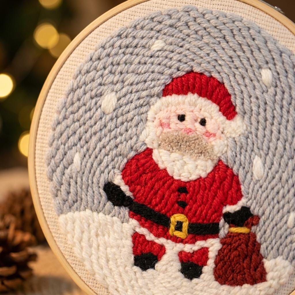 Santa Claus Punch Needle Kit, 8-Inch Beginner Christmas Embroidery Set