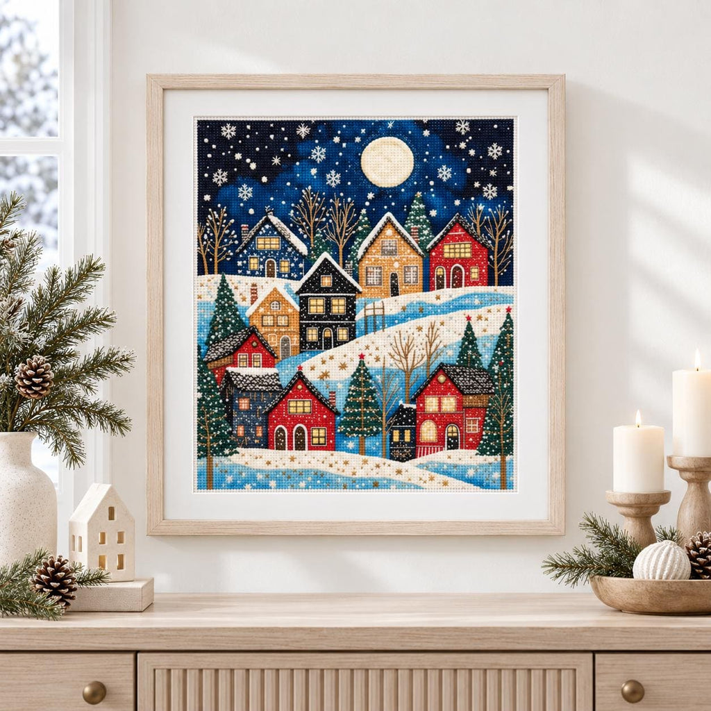 Winter Village Cross Stitch Kit, 30x40cm Stamped 11CT or 14CT Christmas Needlework Set