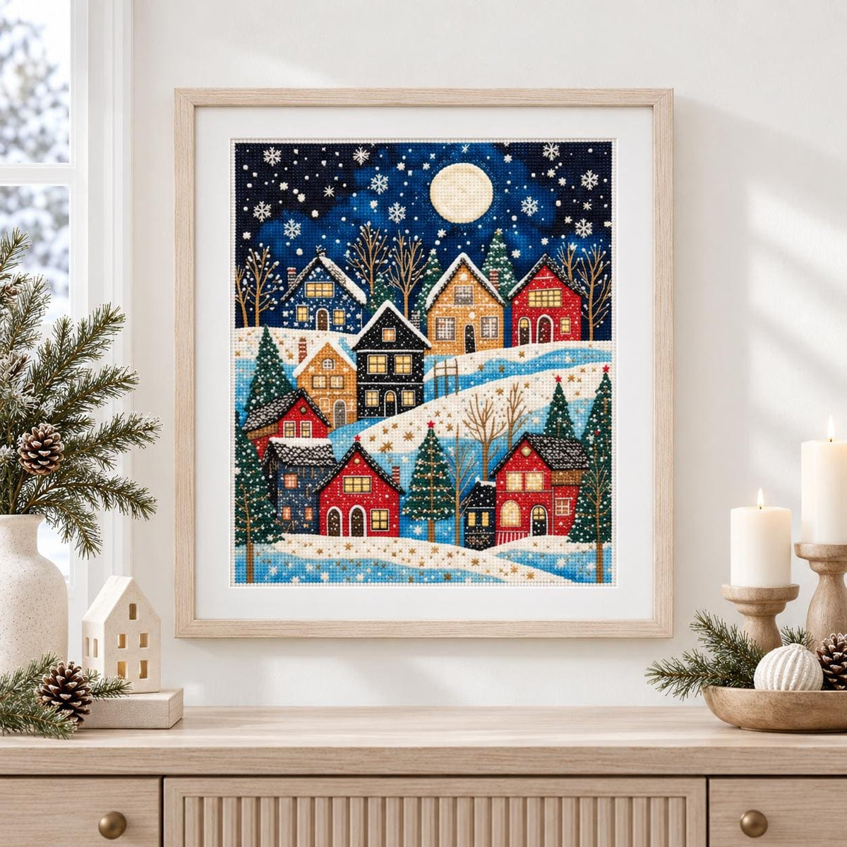 Winter Village Cross Stitch Kit, 30x40cm Stamped 11CT or 14CT Christmas Needlework Set