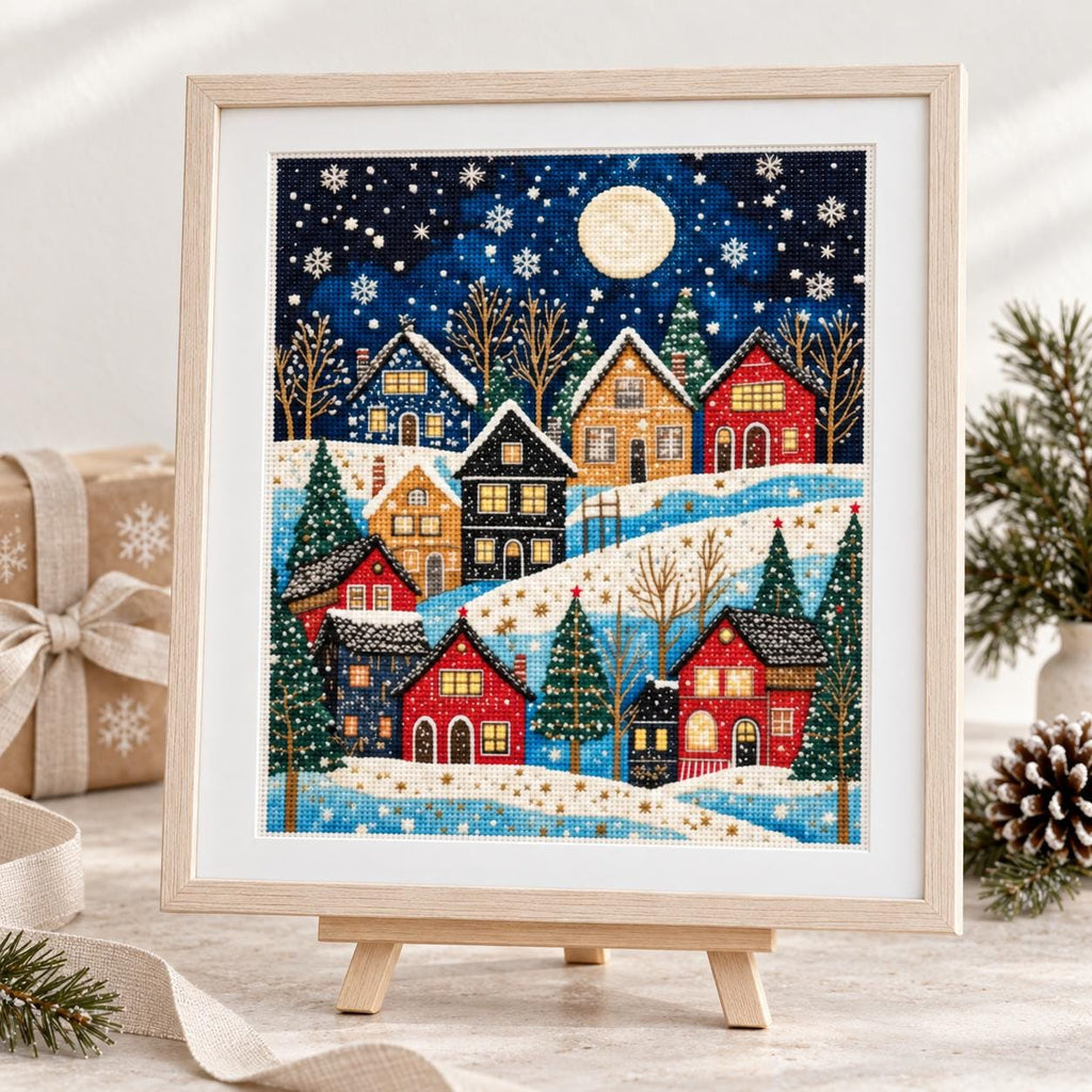 Winter Village Cross Stitch Kit, 30x40cm Stamped 11CT or 14CT Christmas Needlework Set