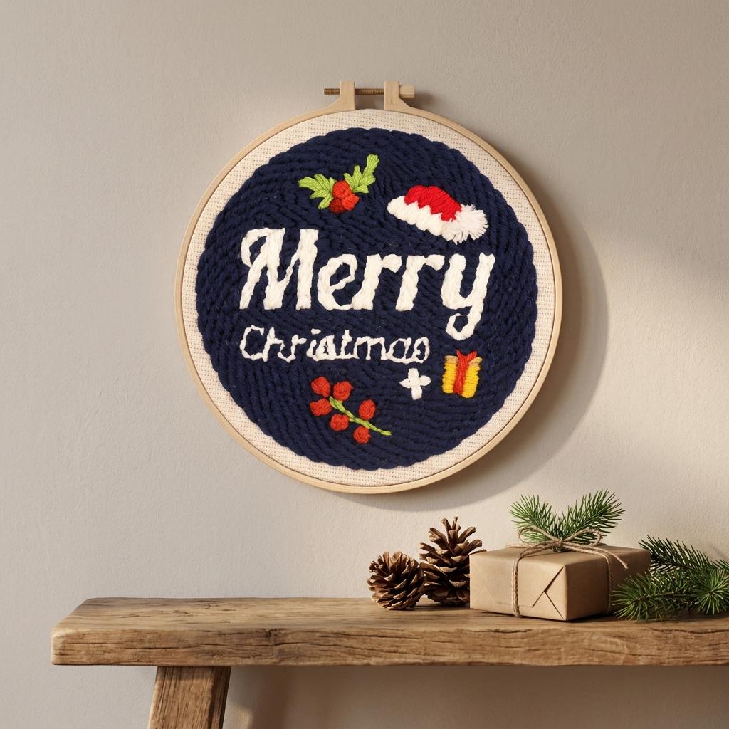 Merry Christmas Punch Needle Kit, 8-Inch Beginner Holiday Embroidery Set