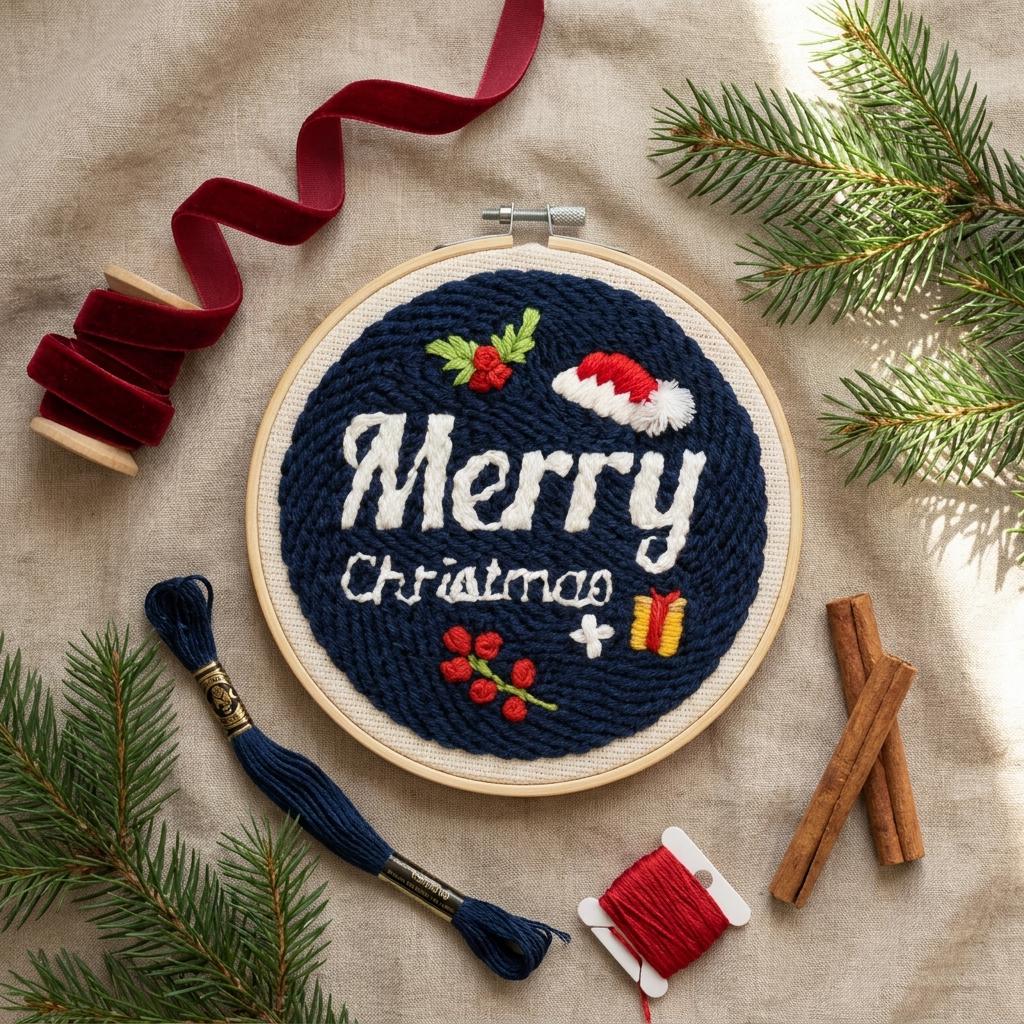 Merry Christmas Punch Needle Kit, 8-Inch Beginner Holiday Embroidery Set