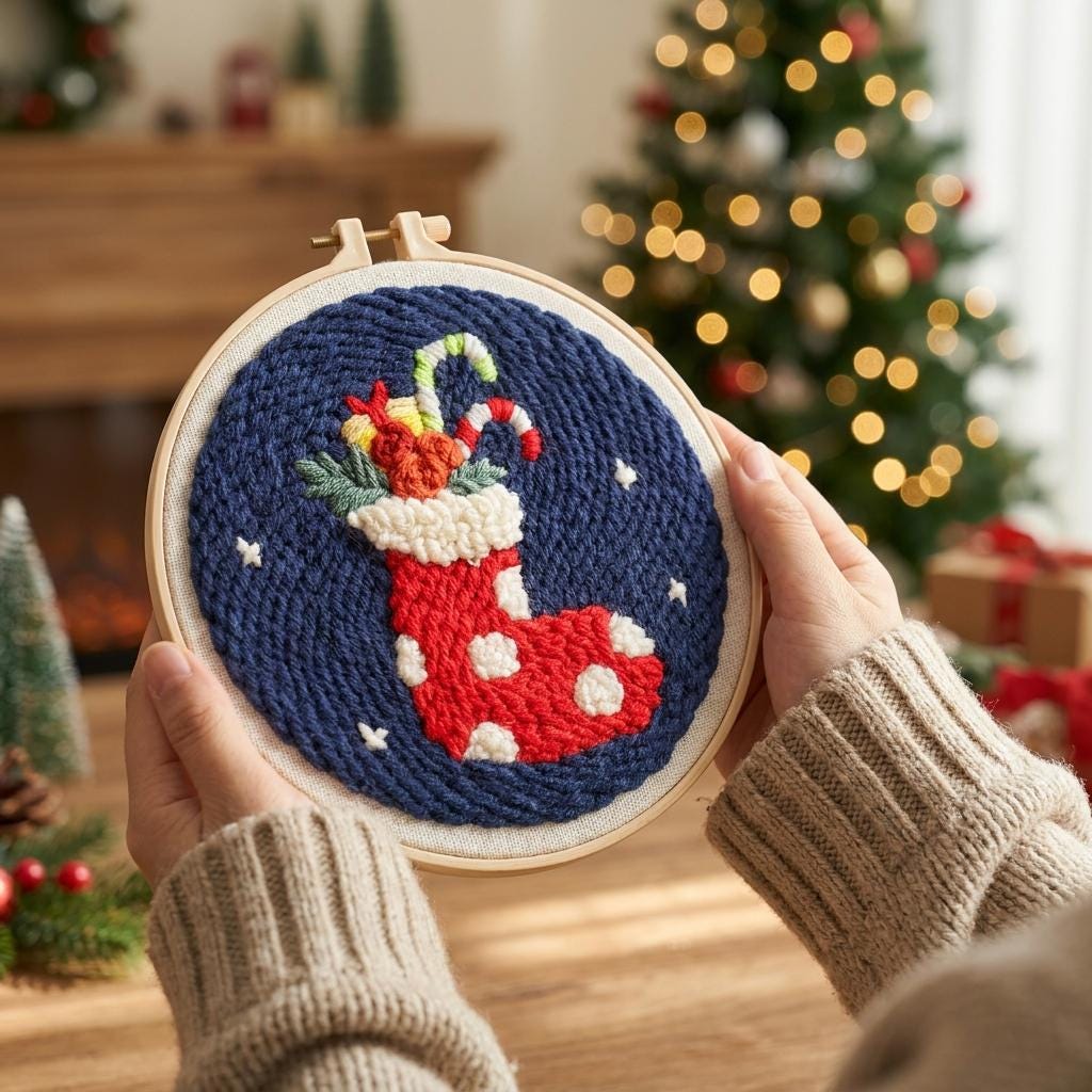 Christmas Stocking Punch Needle Kit, 8-Inch Beginner Holiday Embroidery Set