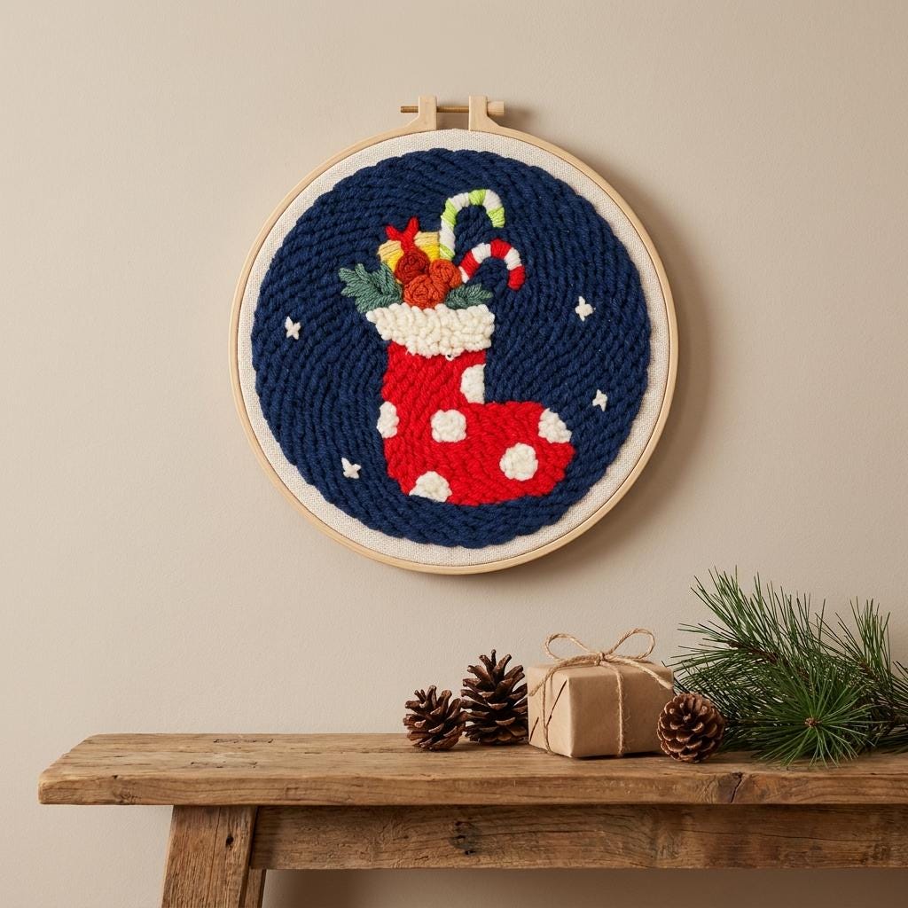 Christmas Stocking Punch Needle Kit, 8-Inch Beginner Holiday Embroidery Set