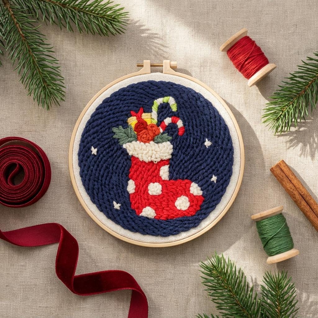 Christmas Stocking Punch Needle Kit, 8-Inch Beginner Holiday Embroidery Set