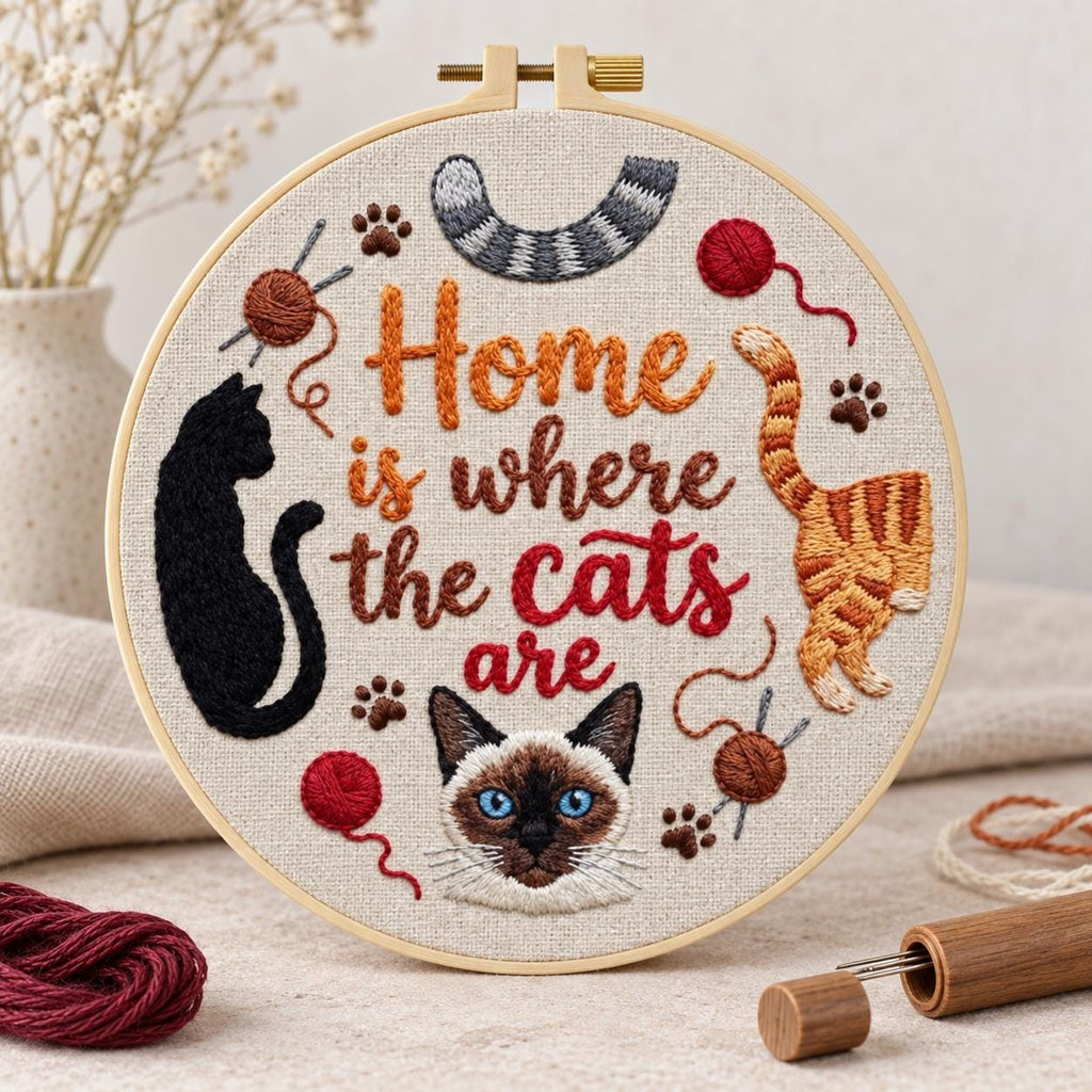Cat Embroidery Kit, Home Is Where the Cats Are, 6 or 8 Inch Beginner Needlework Set