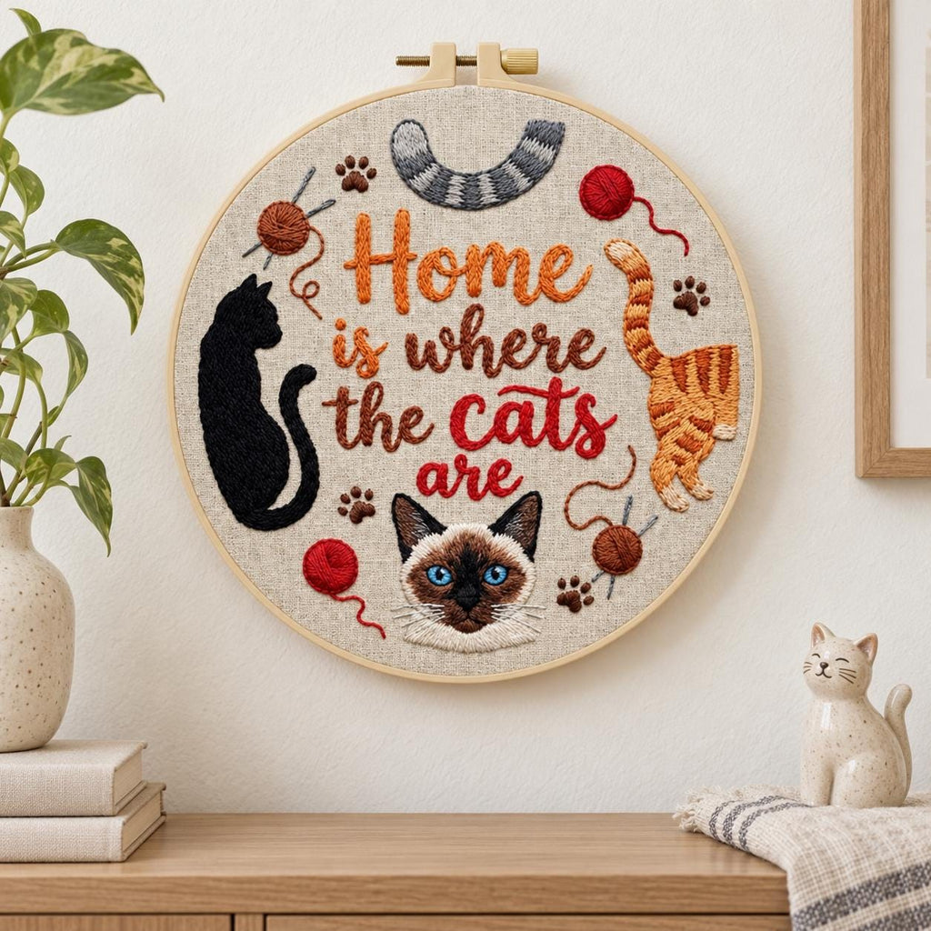 Cat Embroidery Kit, Home Is Where the Cats Are, 6 or 8 Inch Beginner Needlework Set