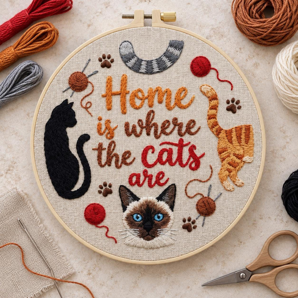 Cat Embroidery Kit, Home Is Where the Cats Are, 6 or 8 Inch Beginner Needlework Set