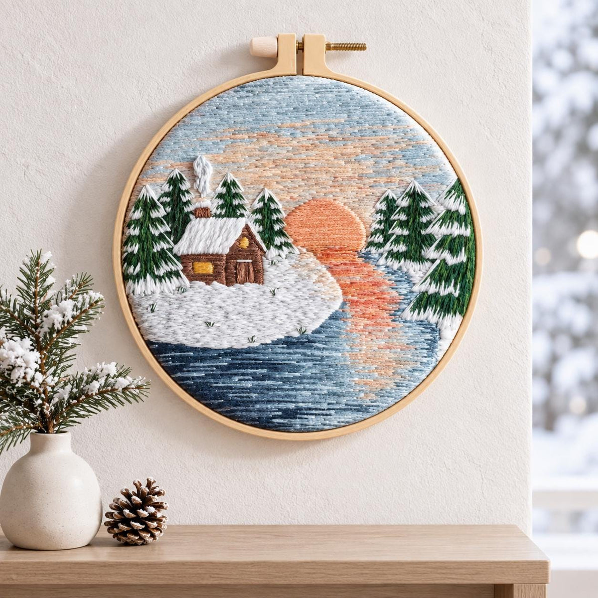 Winter Cabin Embroidery Kit, 8-Inch Snowy Landscape Needlework Set for Beginners