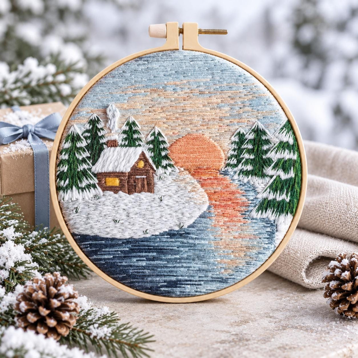 Winter Cabin Embroidery Kit, 8-Inch Snowy Landscape Needlework Set for Beginners