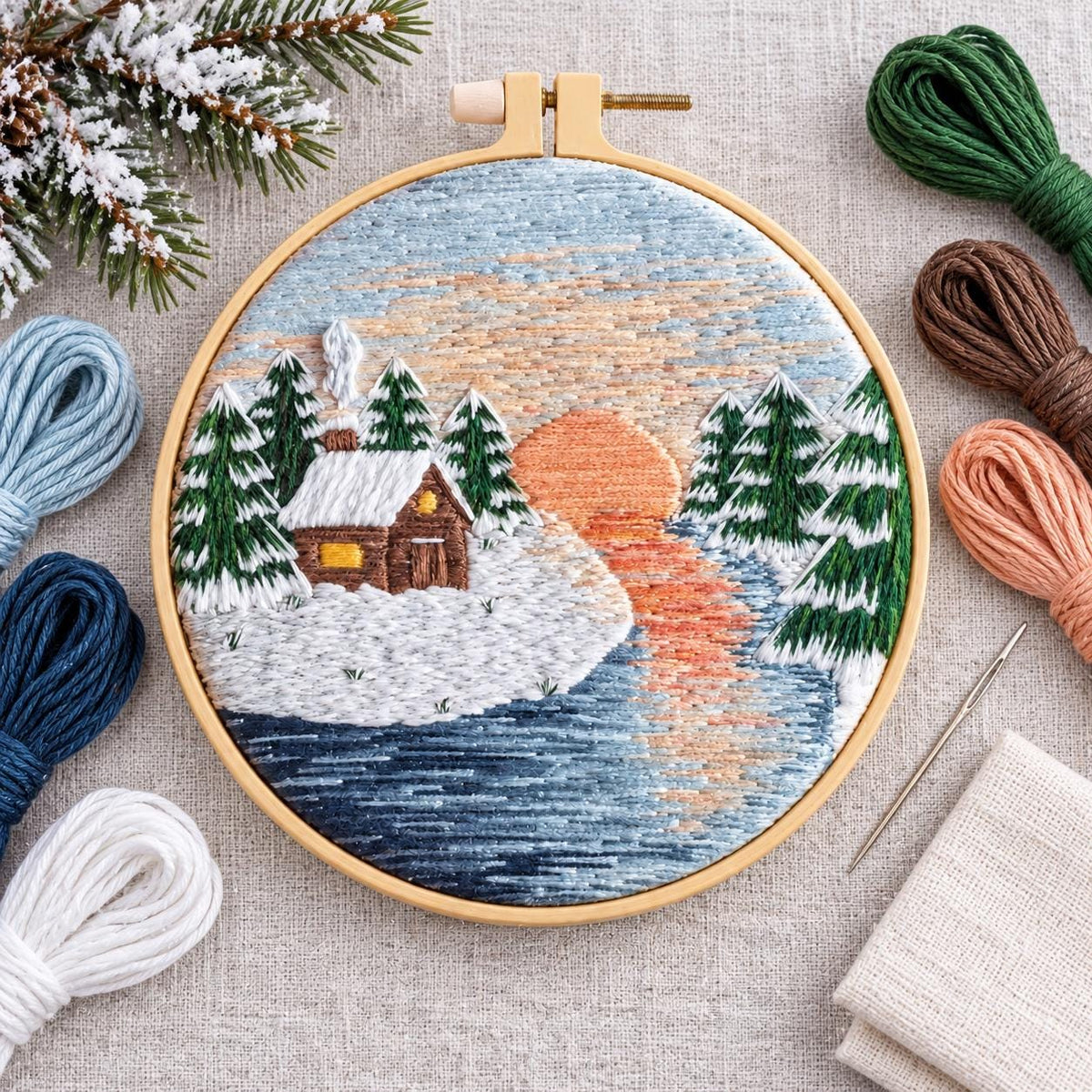 Winter Cabin Embroidery Kit, 8-Inch Snowy Landscape Needlework Set for Beginners